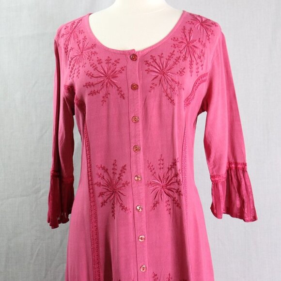 BFA Classic Embroidered Button Front Dress M Boho Fuchsia Rayon Midi Tie Back - Picture 7 of 16